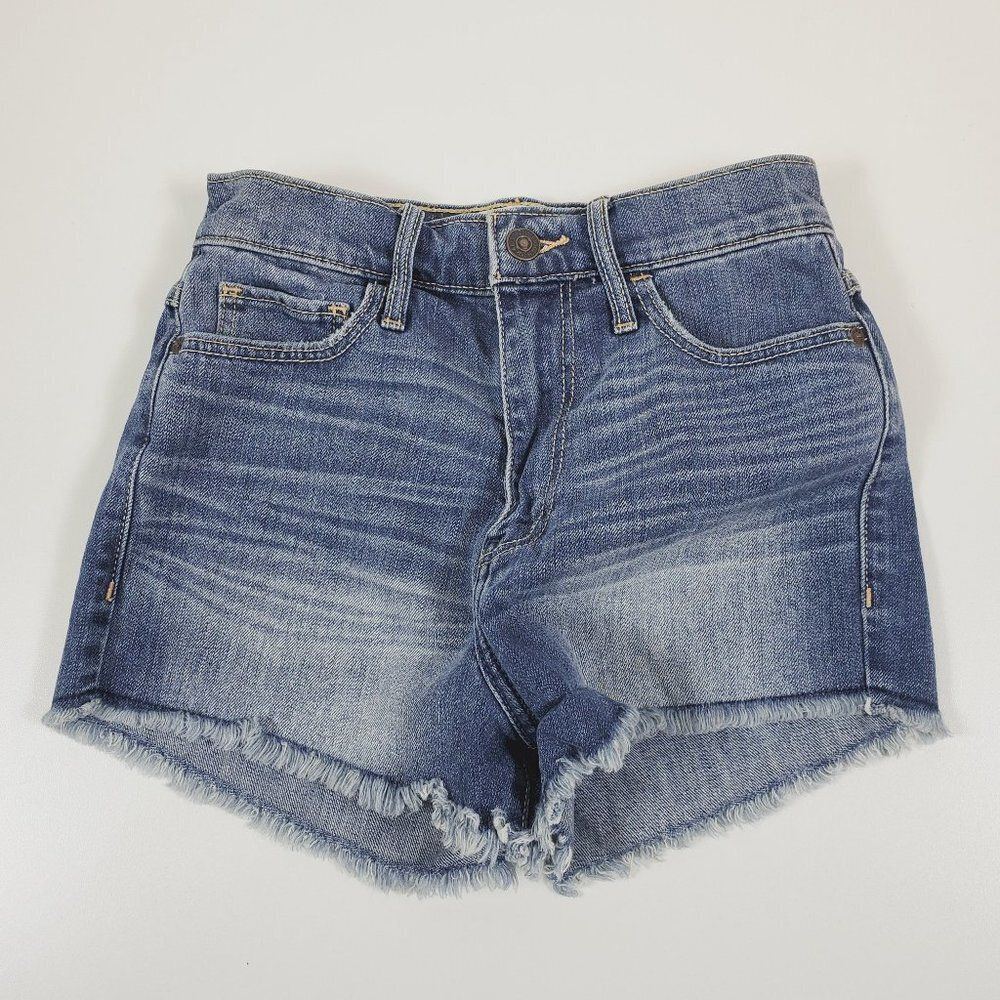 Abercrombie & Fitch (A&F) High Waist Denim Shorts Frayed + Factory Faded Sz 24